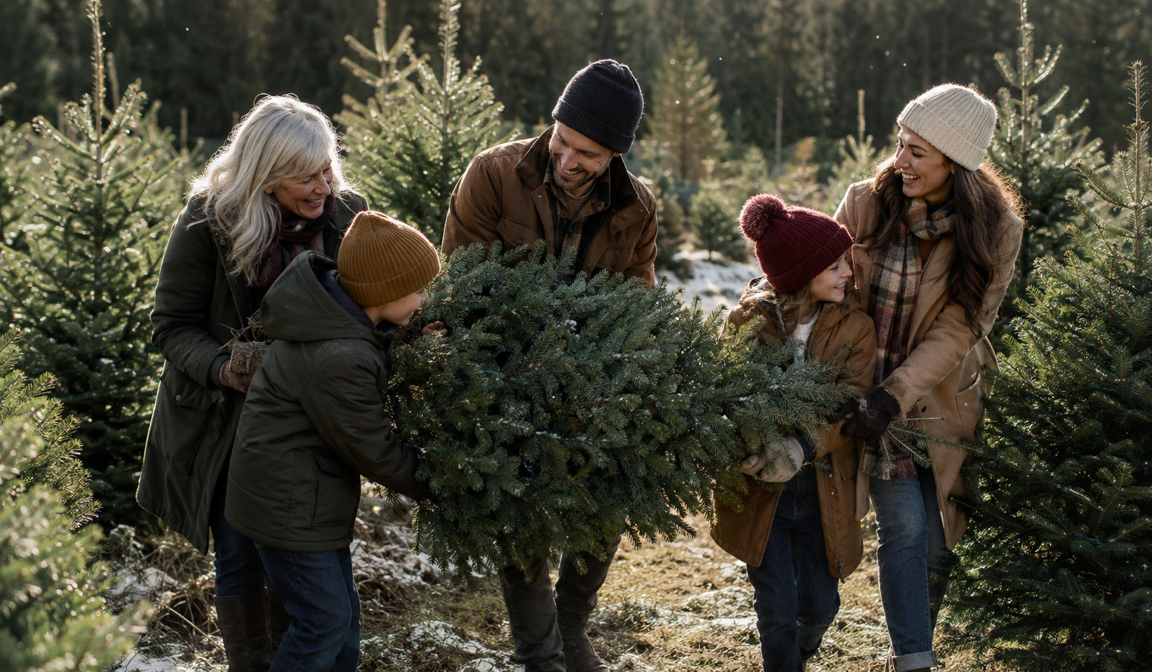 A family carrying a freshly cut Christmas tree together through the fir rows