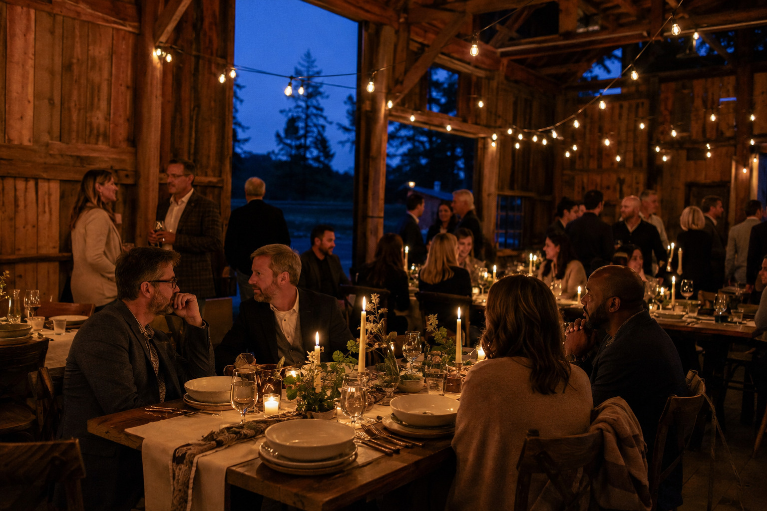 Guests sharing dinner inside a warm timber barn